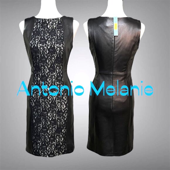 ANTONIO MELANI Dresses & Skirts - Antonio Melani Black Leather and Lace Sheath Dress NWT Size 2